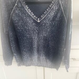 Minnie Rose Cotton / Cashmere Blend V-Neck Lightweight Sweater Large Indigo